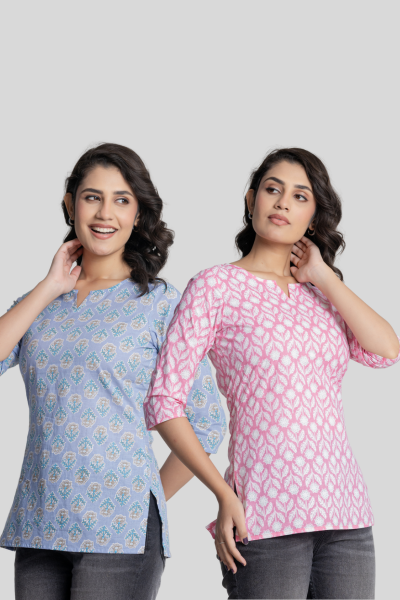 Blue and Pink Cotton Short Kurti