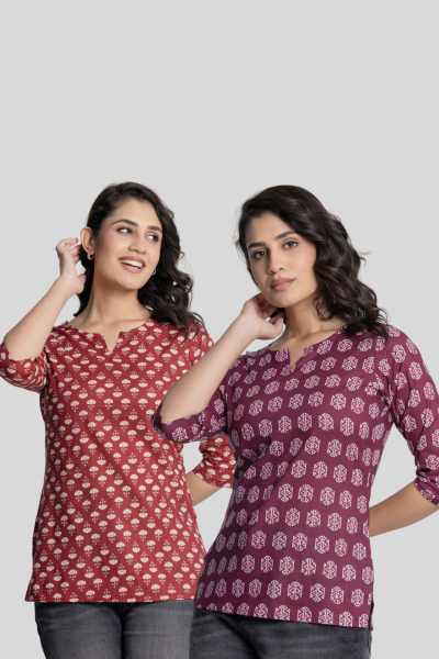 Red and Wine Cotton Short Kurti Combo