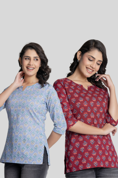 Maroon and Blue Cotton Short Kurti Combo