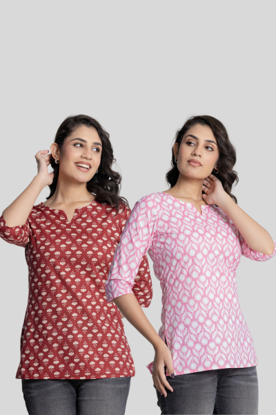 Red and Pink Cotton Short Kurti Combo