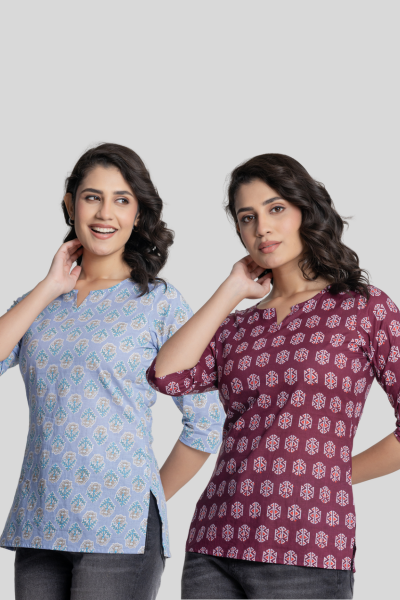 Blue and Wine Cotton Short Kurti Combo