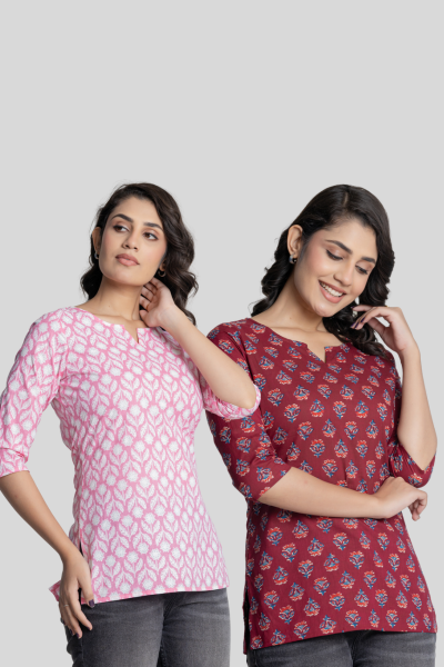 Pink and Maroon Cotton Short Kurti Combo