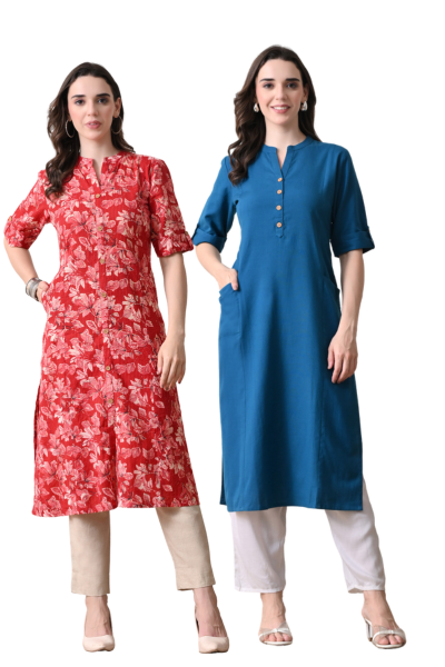 Red Floral and Yale Blue Cotton long kurti