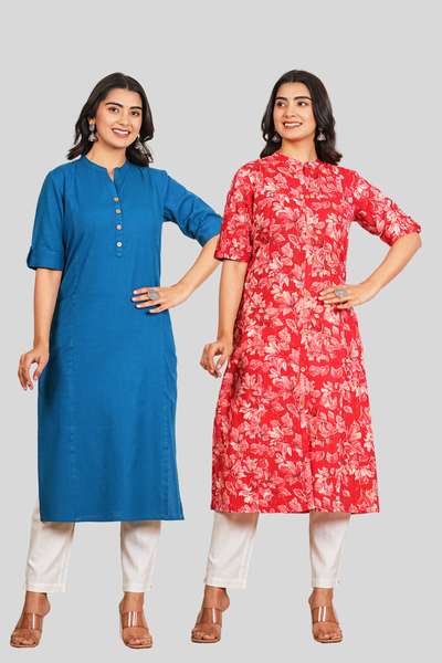 Yale Blue and Red Floral Cotton Long Kurti