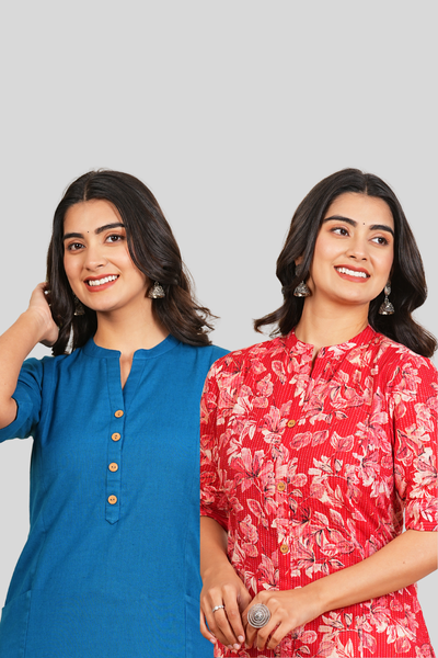 Yale Blue and Red Floral Cotton Long Kurti