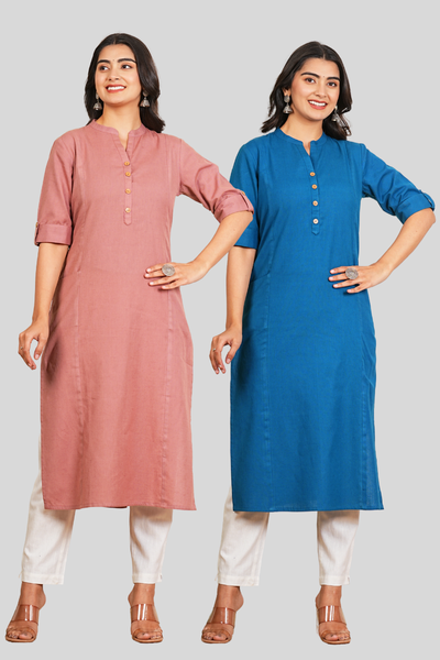 Rose Gold and Yale Blue Cotton Long Kurti
