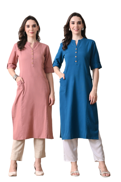 Rose Gold And Yale Blue Cotton Long Kurti