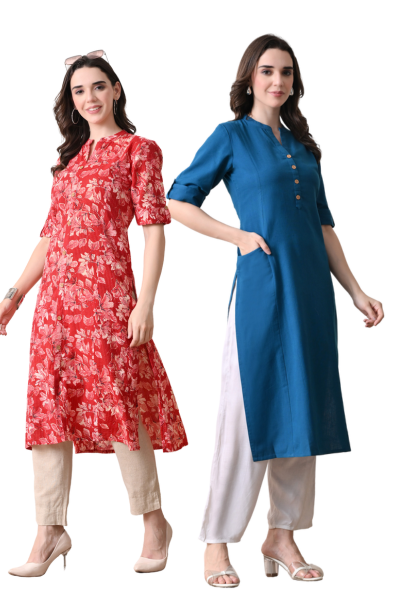 Red Floral and Yale Blue Cotton long kurti