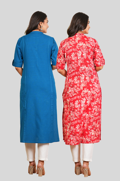 Yale Blue and Red Floral Cotton Long Kurti