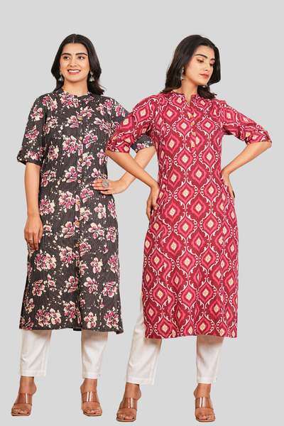 Black katha and Pink Floral Cotton Long kurti