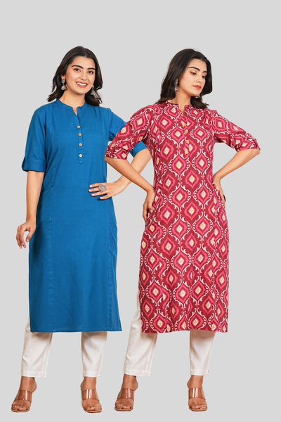 Yale Blue and Pink Floral cotton Long Kurti