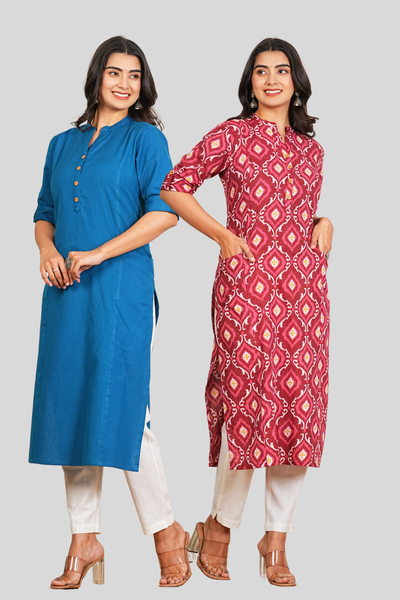 Yale Blue and Pink Floral cotton Long Kurti