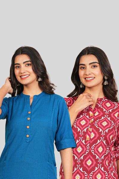 Yale Blue and Pink Floral cotton Long Kurti