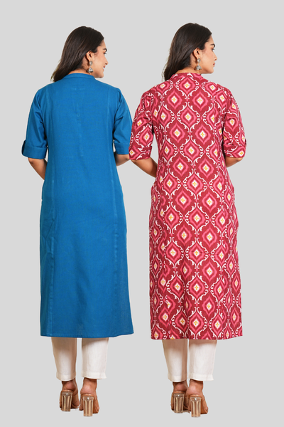 Yale Blue and Pink Floral cotton Long Kurti