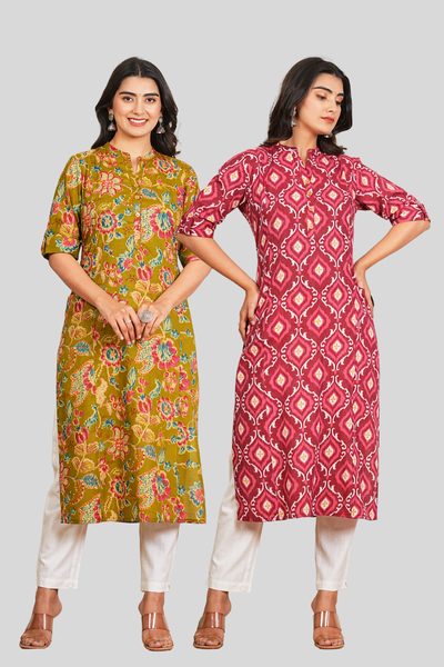 Green Floral and Pink Floral Cotton Long Kurti