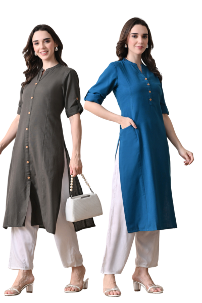 Grey And Yale Blue Cotton Long Kurti