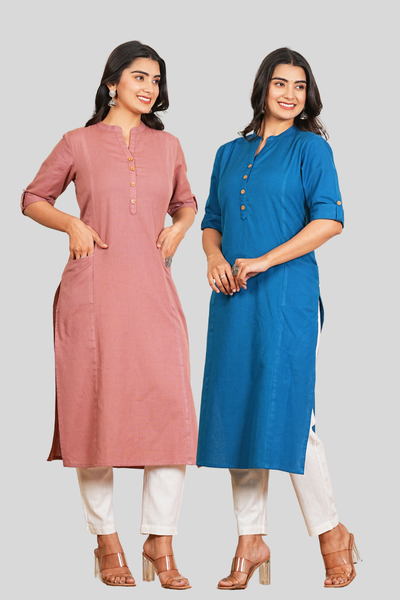 Rose Gold and Yale Blue Cotton Long Kurti