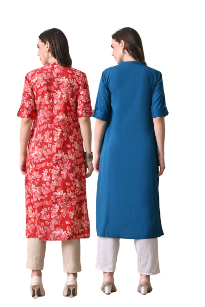 Red Floral and Yale Blue Cotton long kurti