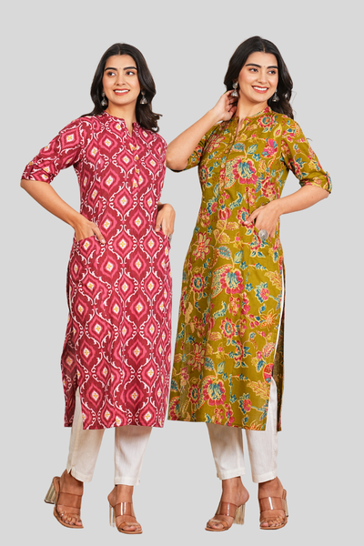 Green Floral and Pink Floral Cotton Long Kurti
