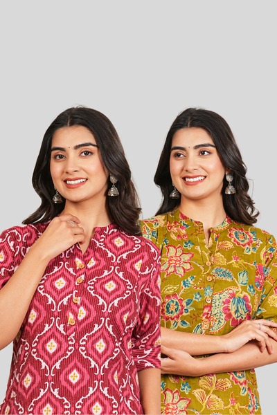 Green Floral and Pink Floral Cotton Long Kurti