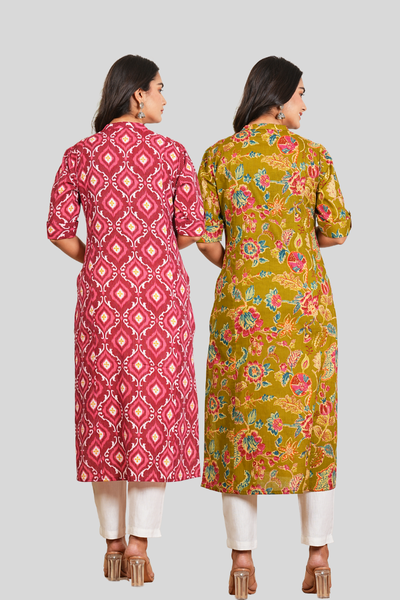 Green Floral and Pink Floral Cotton Long Kurti