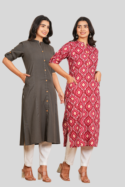 Grey and Pink Floral Cotton Long Kurti