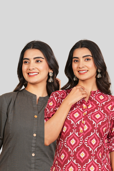 Grey and Pink Floral Cotton Long Kurti