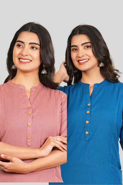 Rose Gold and Yale Blue Cotton Long Kurti
