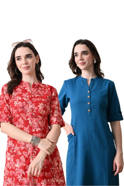 Red Floral and Yale Blue Cotton long kurti