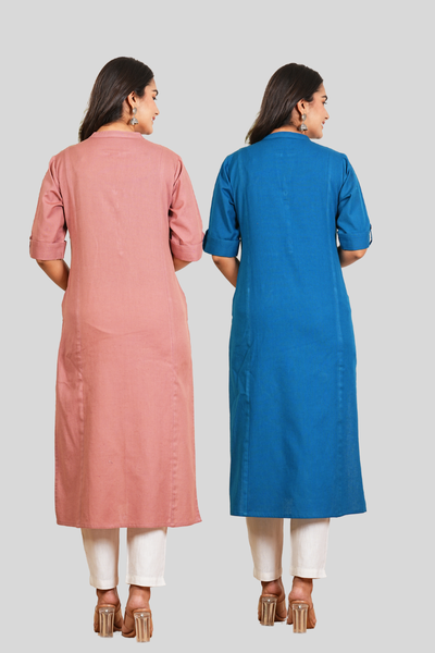 Rose Gold and Yale Blue Cotton Long Kurti