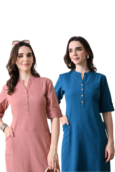 Rose Gold And Yale Blue Cotton Long Kurti