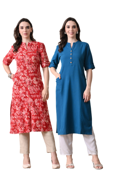 Red Floral Kurti And Yale Blue Cotton Long Kurti