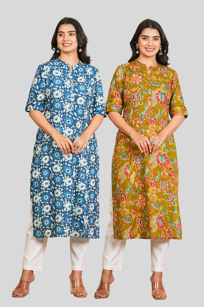 Blue Floral and Green Floral Cotton Long Kurti