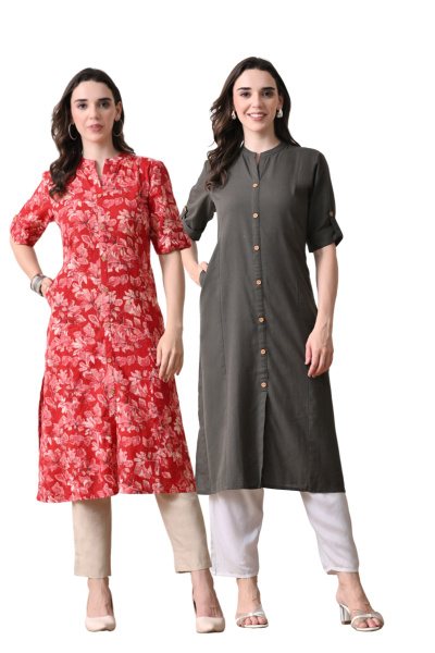 Red Floral And Grey Cotton Long Kurti