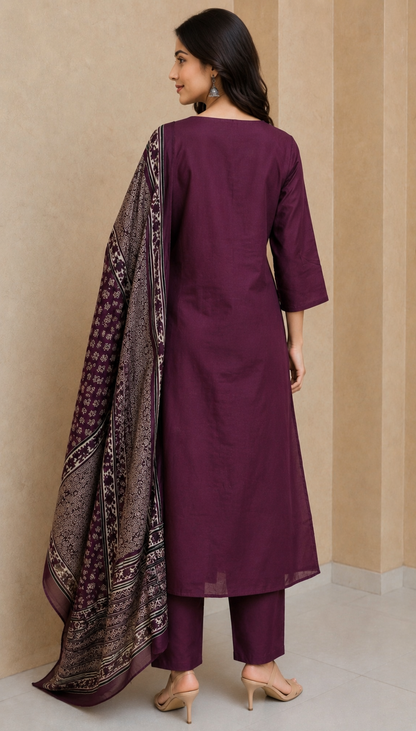 Wine Cotton Kurta Pant Dupatta Set