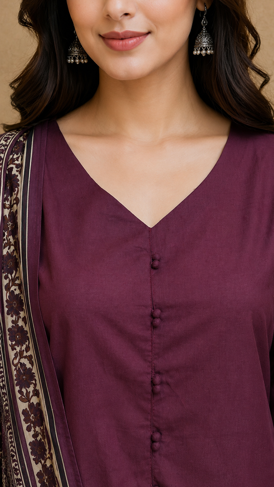 Wine Cotton Kurta Pant Dupatta Set