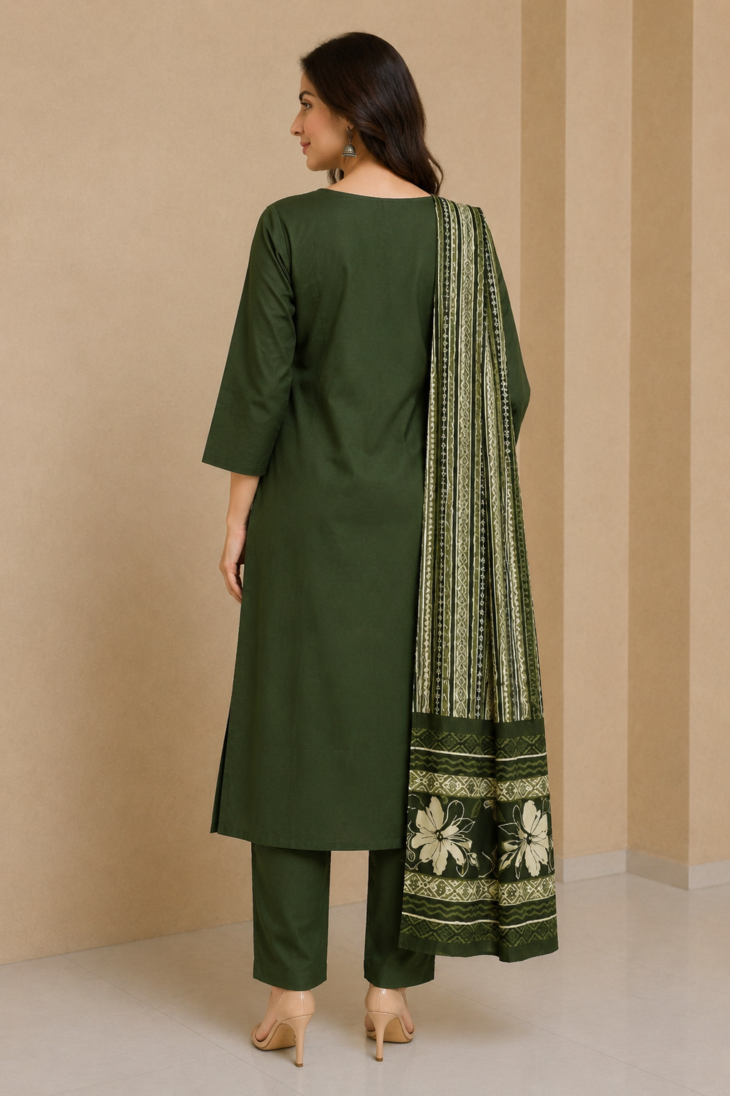 Olive Cotton Green Kurta Pant Dupatta Set
