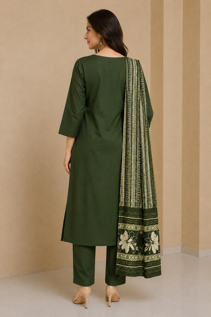 Olive Cotton Green Kurta Pant Dupatta Set