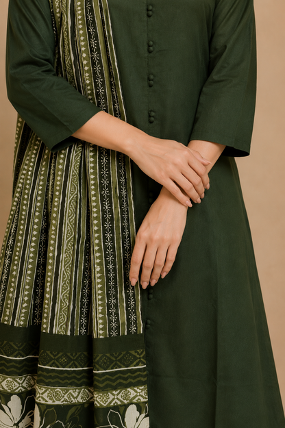 Olive Cotton Green Kurta Pant Dupatta Set