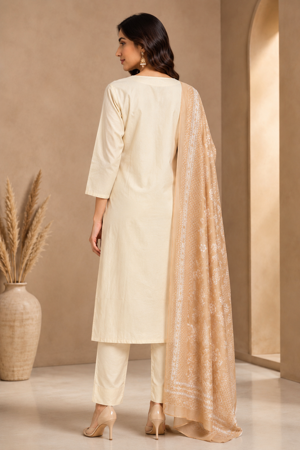 Beige Cotton Kurta Pant Dupatta Set