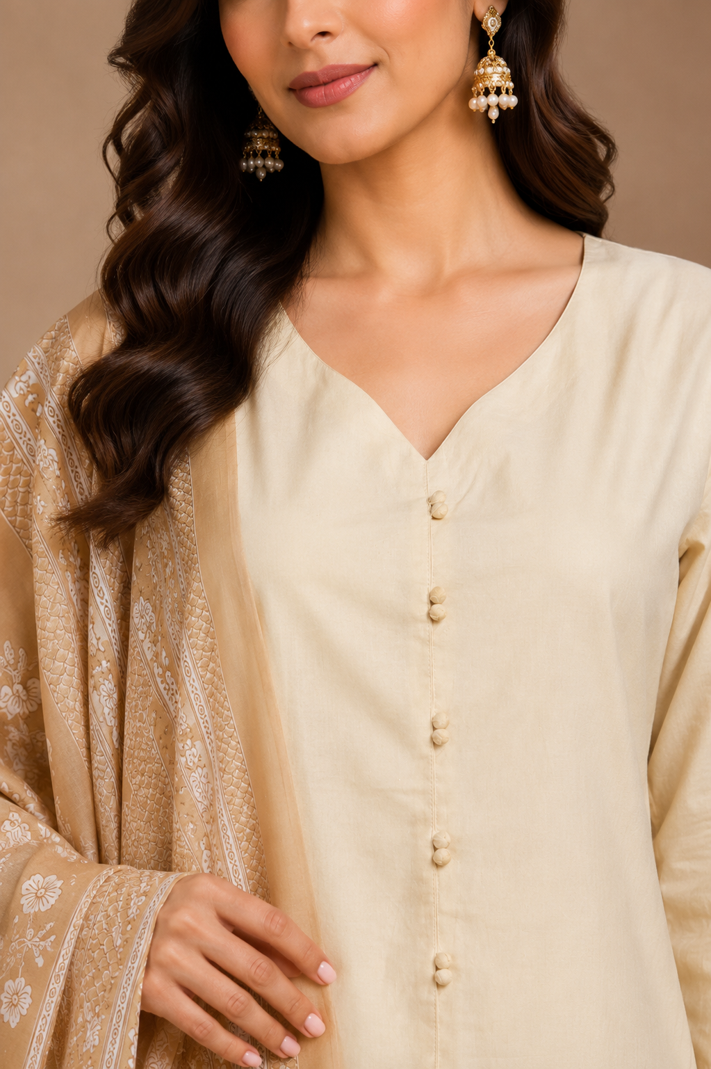 Beige Cotton Kurta Pant Dupatta Set