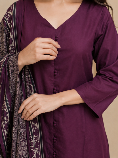 Wine Cotton Kurta Pant Dupatta Set