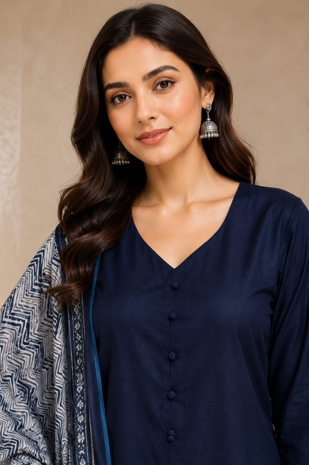 Navy Blue Cotton Kurta Pant Dupatta Set