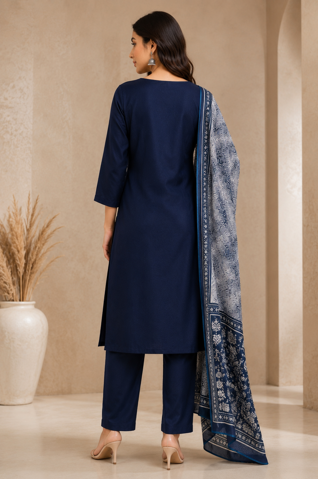 Navy Blue Cotton Kurta Pant Dupatta Set
