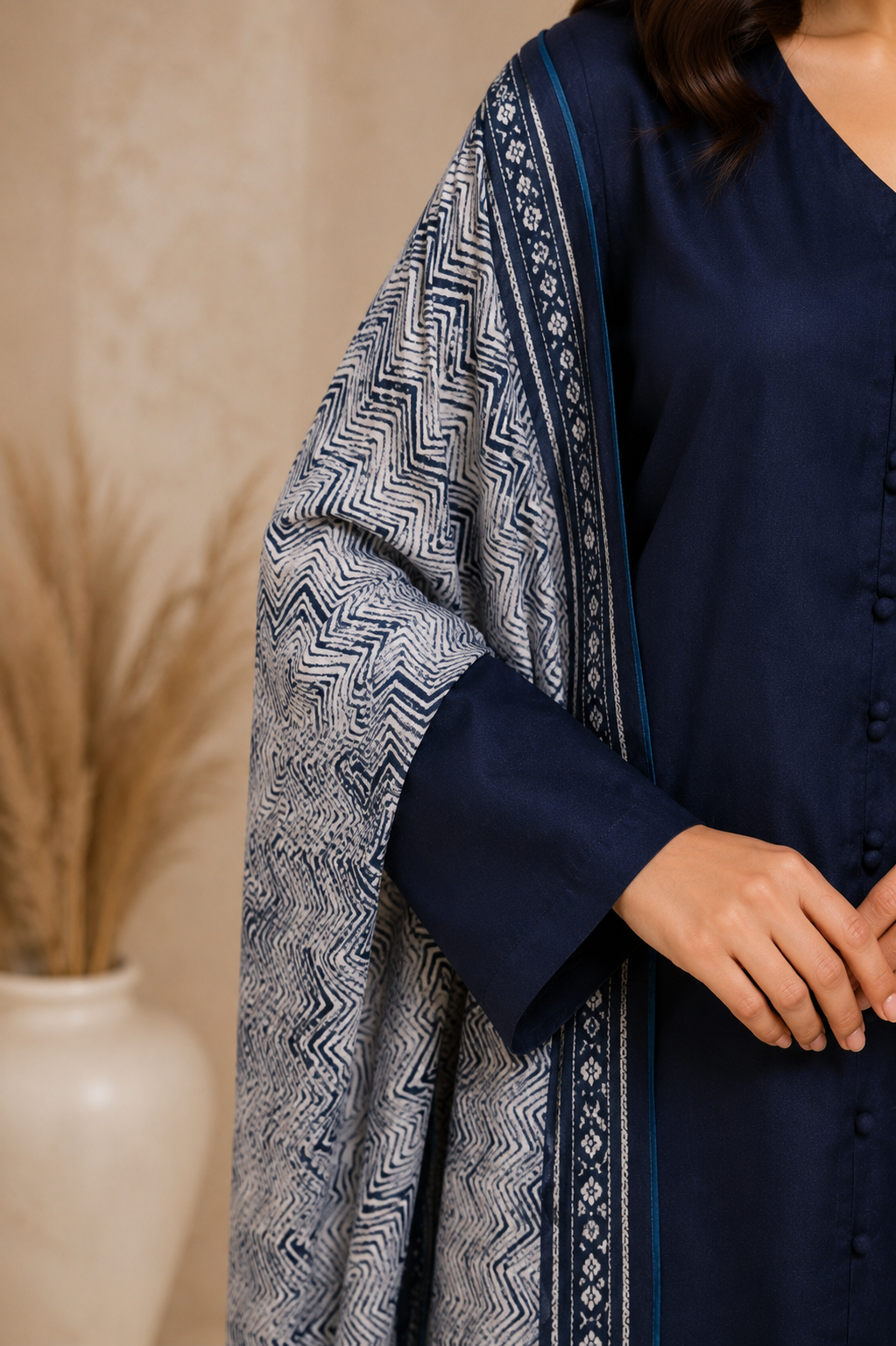 Navy Blue Cotton Kurta Pant Dupatta Set