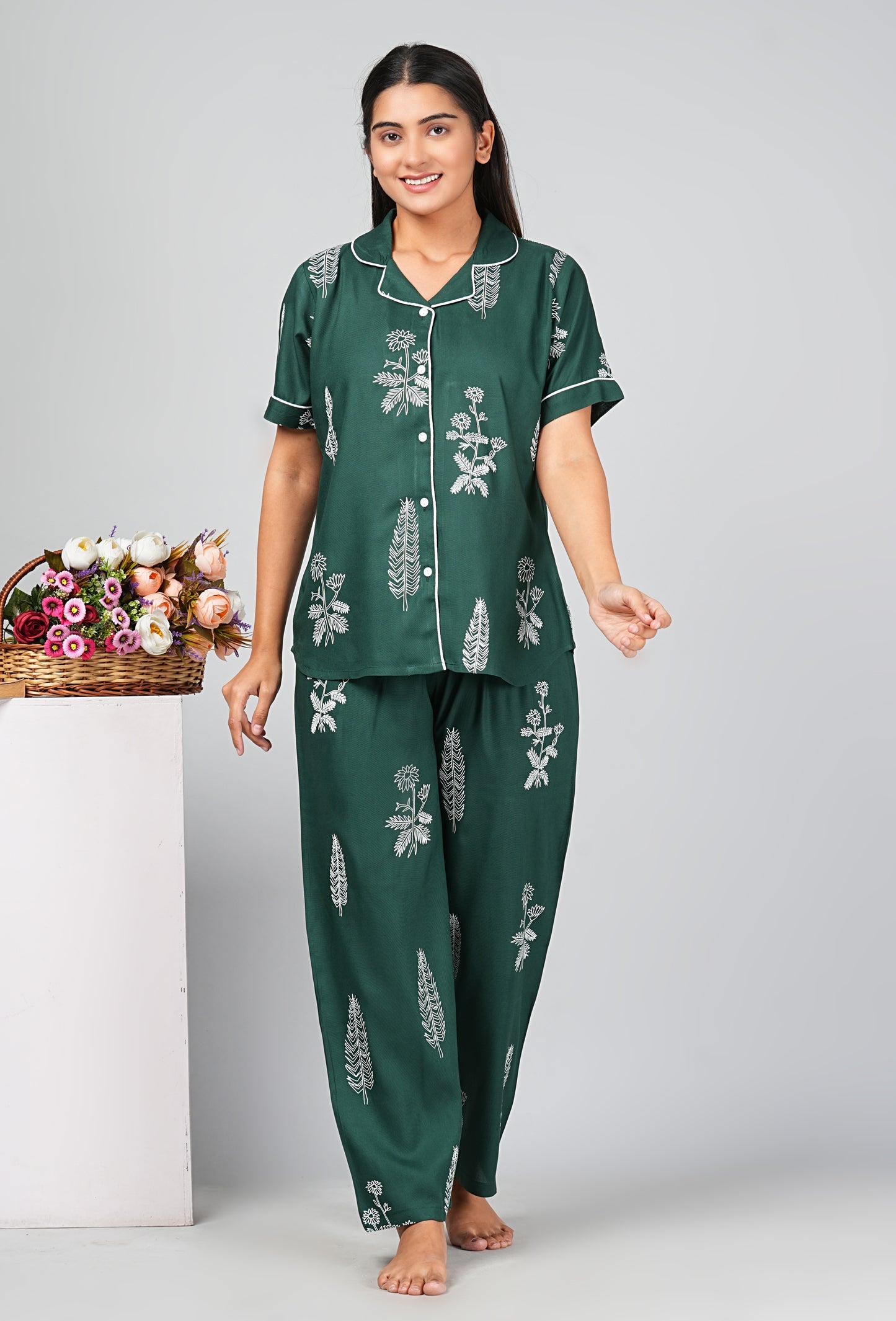 Rayon Dark Green Night Suit