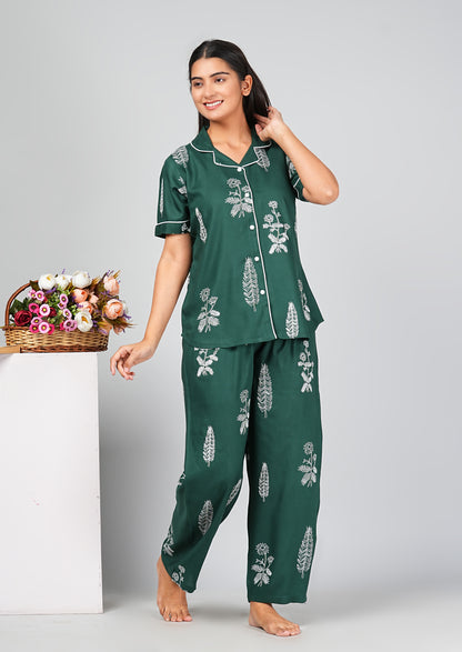 Rayon Dark Green Night Suit