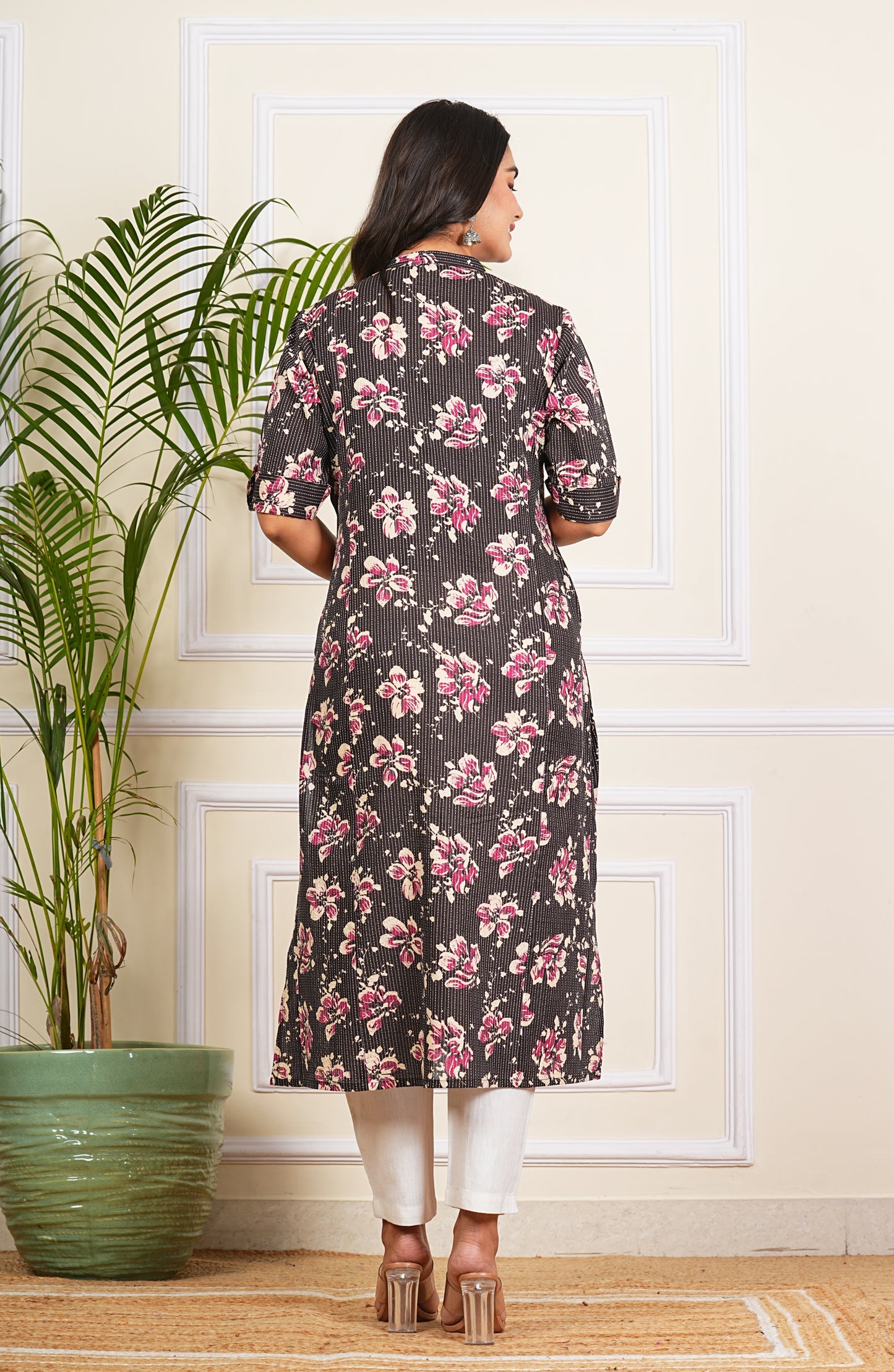 Black Katha Cotton A-Line Kurta