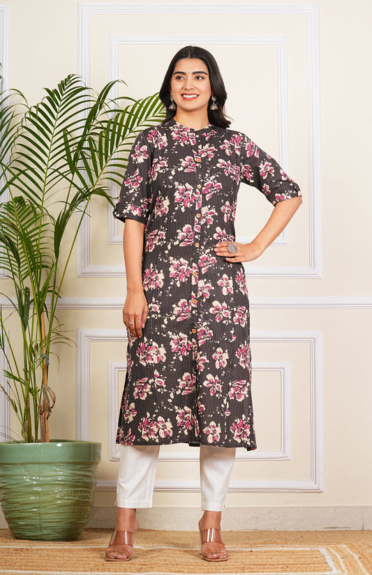 Black Katha Cotton A-Line Kurta