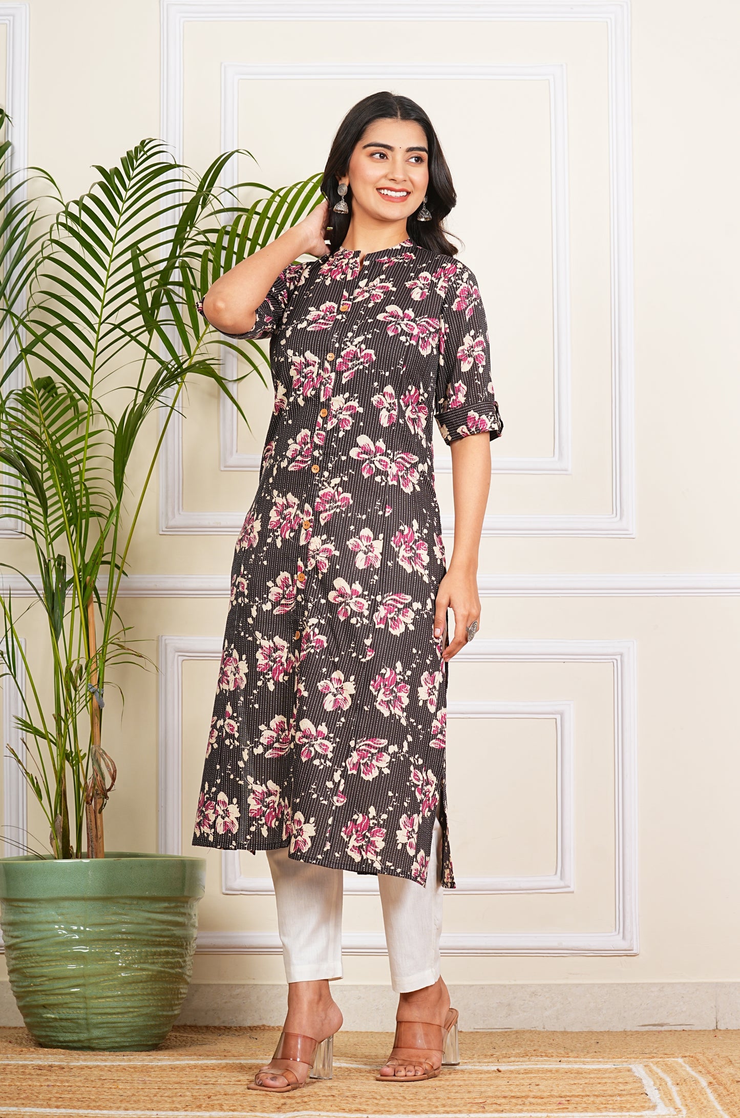 Black Katha Cotton A-Line Kurta
